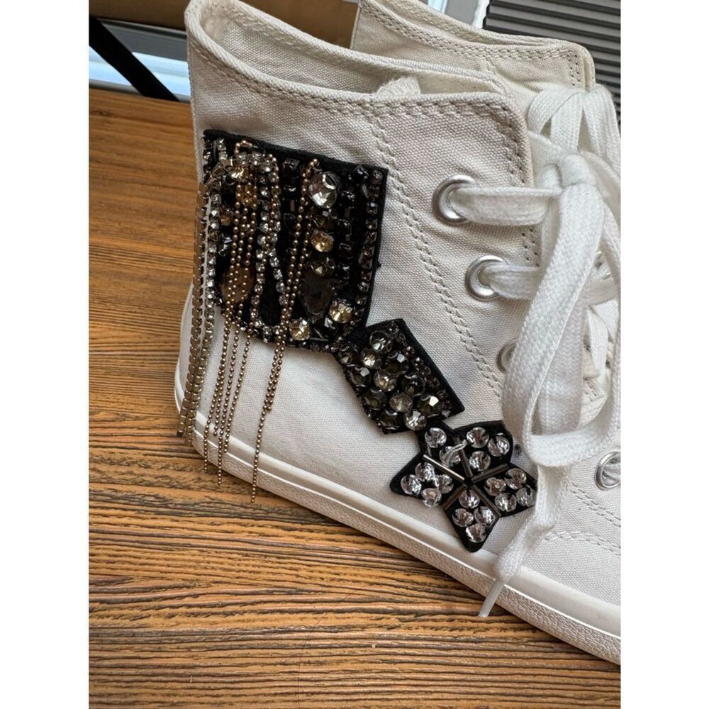 Lauren Lorraine White High-Top Sneakers with Black Beaded Patches and Chains - Picture 9 of 16